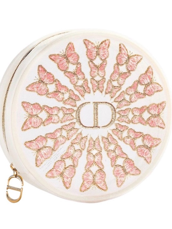 Dior Handbags - Dior Round White Cosmetic Pouch with Pink Embroidered Butterflies